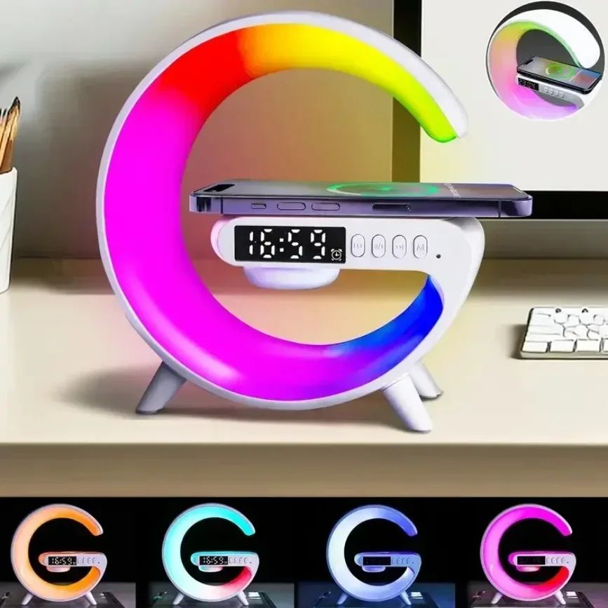 Lampe LED enceinte chargeur sans fil réveil RGB expo