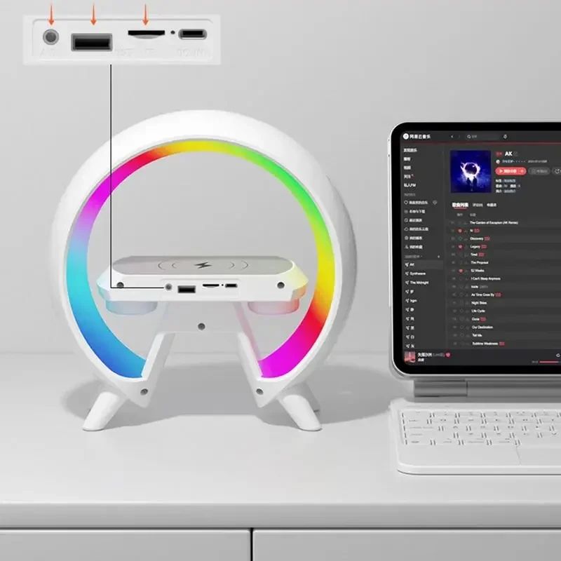 Lampe led rgb enceinte musicale Bluetooth rechargeable chargeur tel Oméga connectiques 