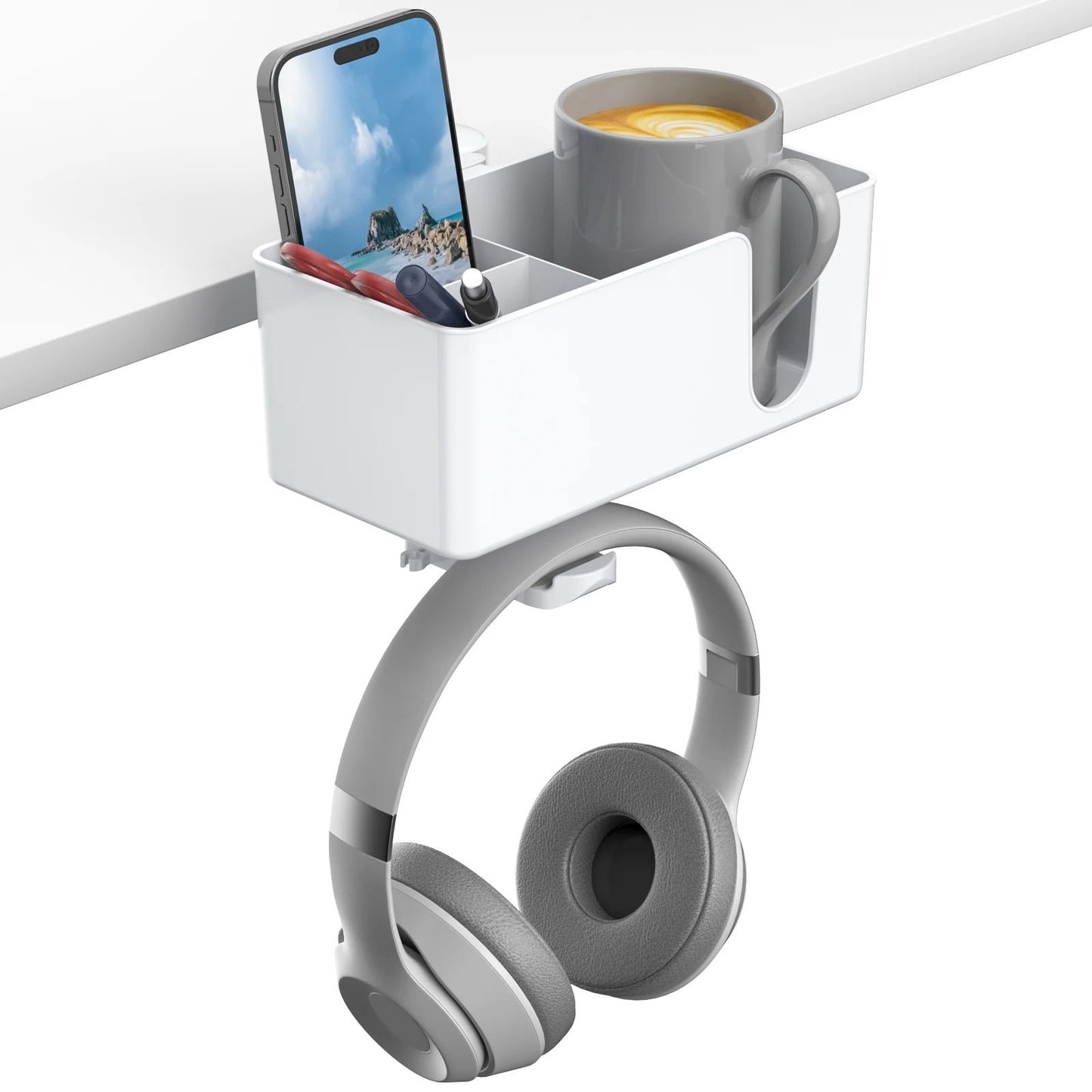 Support casque porte tasse rangement pince blanc