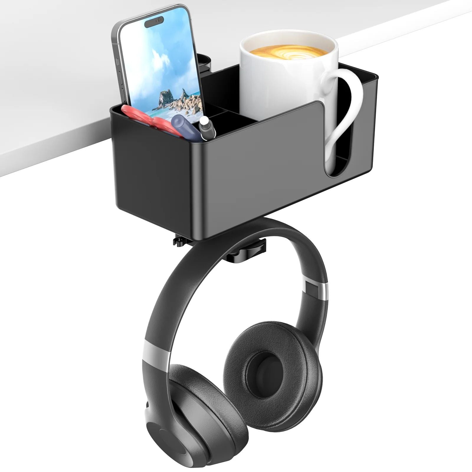 Support casque porte tasse rangement pince noir