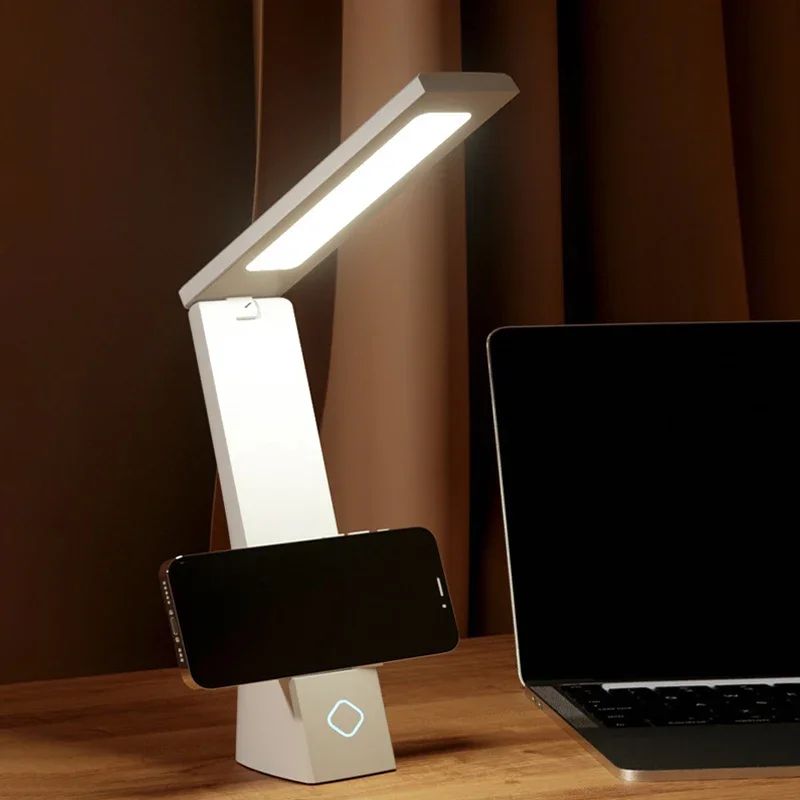 lampe LED inclinée design épuré, batterie, USB-C, 3 chaleurs, support tel