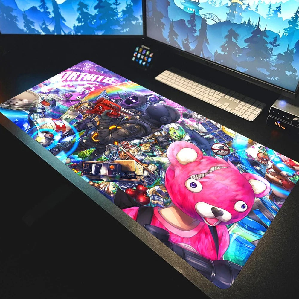 tapis souris XXL gamer fortnite personnages ours rose