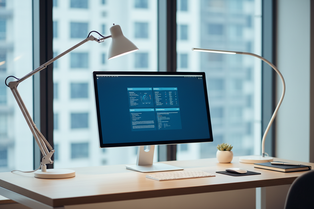 un bureau avec 2 lampes de bureau lumière blanche différentes